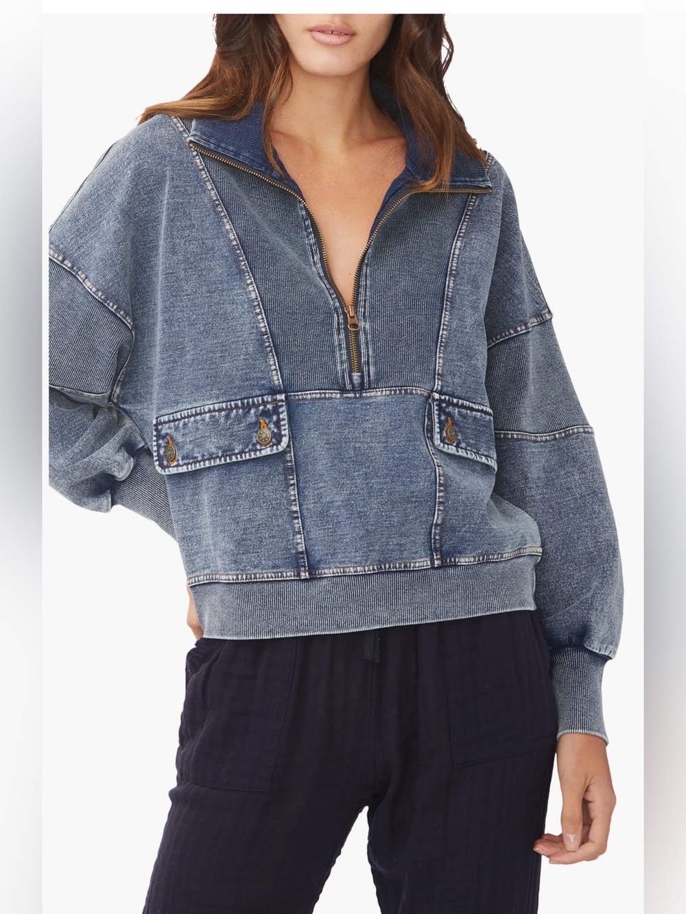 SUNDAYS Camille Half Zip Denim Pullover Sweatshirt Size 1 Blue Oversized